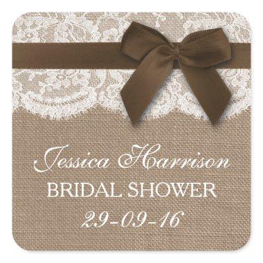 Brown Ribbon On Burlap & Lace  Square Sticker