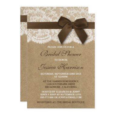 Brown Ribbon On Kraft & Lace Bridal Shower Invitations