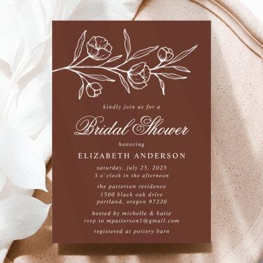 Brown Sketched Floral Bridal Shower Invitations