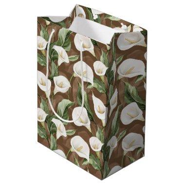 Brown White Calla Lily Floral  Medium Gift Bag