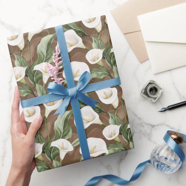 Brown White Calla Lily Floral  Wrapping Paper