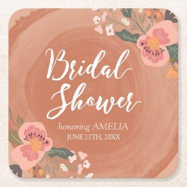 Brown Wood Rustic Floral Bridal Shower Square Square Paper Coaster