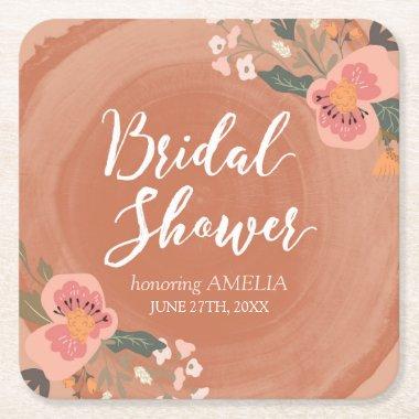 Brown Wood Rustic Floral  Square Square Paper Coaster