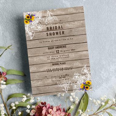 Brown wood white floral sunflower Bridal Shower Invitations