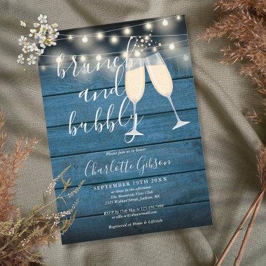 Brunch And Bubbly Bridal Shower Blue Rustic Wood Invitations