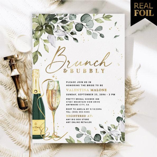 Brunch and Bubbly Bridal Shower Greenery Real Gold Foil Invitations