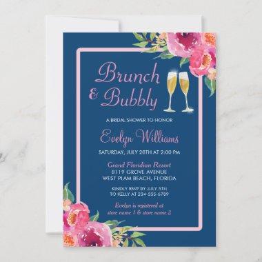 Brunch and Bubbly Bridal Shower Navy Pink Floral Invitations