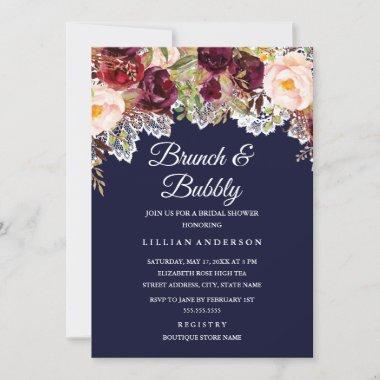 Brunch And Bubbly Burgundy Navy Bridal Shower Invitations