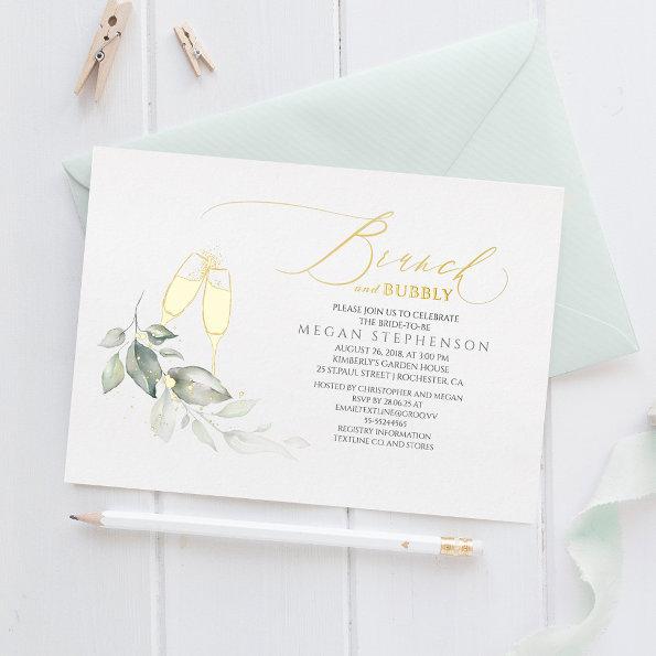 Brunch and Bubbly Elegant Greenery Bridal Shower Foil Invitations