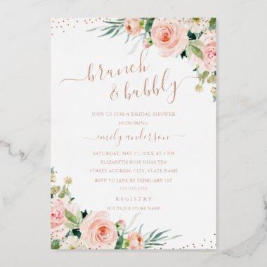 Brunch And Bubbly Floral ROSE GOLD Bridal Shower Foil Invitations