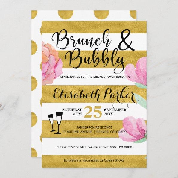 Brunch and bubbly floral stripe gold bridal shower Invitations