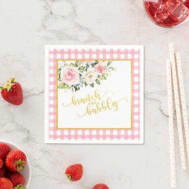 Brunch and Bubbly Napkin - Gold Text Pink Plaid