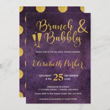 Brunch and bubbly purple glam gold bridal shower Invitations