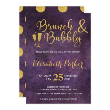 Brunch and bubbly purple glam gold bridal shower Invitations