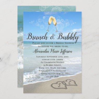 Brunch and Bubbly Sand Hearts Beach Bridal Shower Invitations