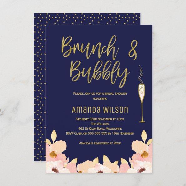 Brunch Bubbly Blue Gold Bridal Shower Invitations