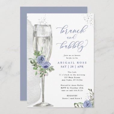 Brunch & Bubbly Blue Silver Floral Bridal Shower Invitations
