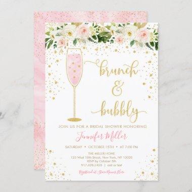 Brunch & Bubbly Blush & Gold Floral Bridal Shower Invitations