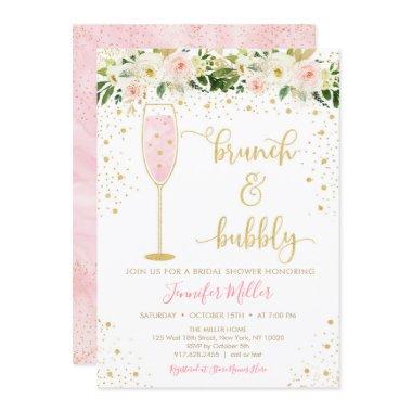 Brunch & Bubbly Blush & Gold Floral Bridal Shower Invitations