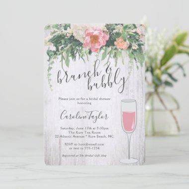 Brunch Bubbly Blush Pink Floral Wine Bridal Shower Invitations