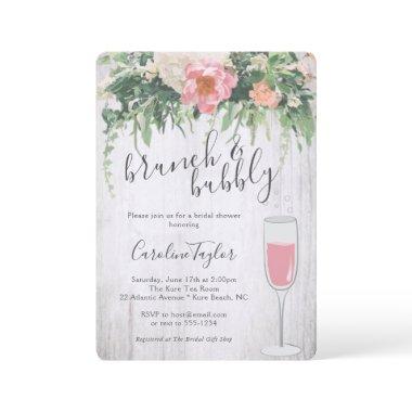 Brunch Bubbly Blush Pink Floral Wine Bridal Shower Invitations