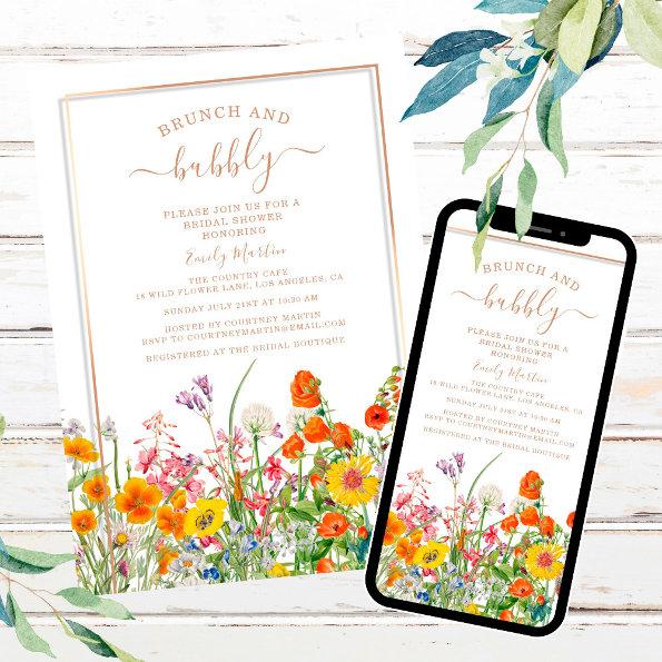 Brunch & Bubbly Boho Wild Flowers Bridal Shower Invitations