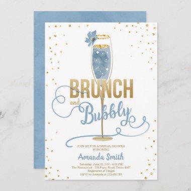 Brunch & Bubbly Bridal Shower Blue Gold Champagne Invitations
