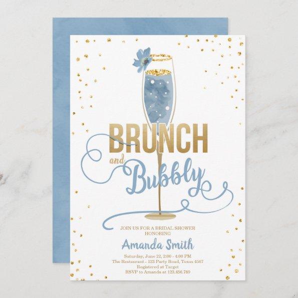 Brunch & Bubbly Bridal Shower Blue Gold Champagne Invitations