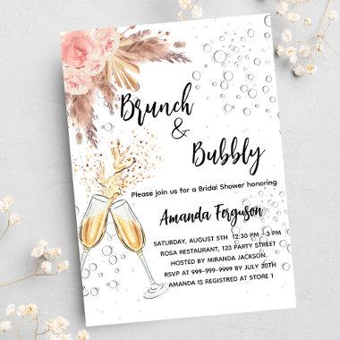Brunch Bubbly Bridal Shower blush pampas grass Invitation PostInvitations
