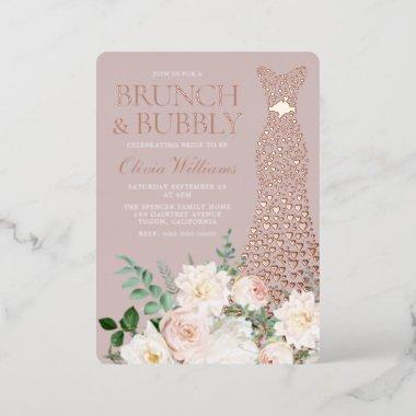 Brunch & Bubbly Bridal Shower Dress Rose Gold Foil Invitations
