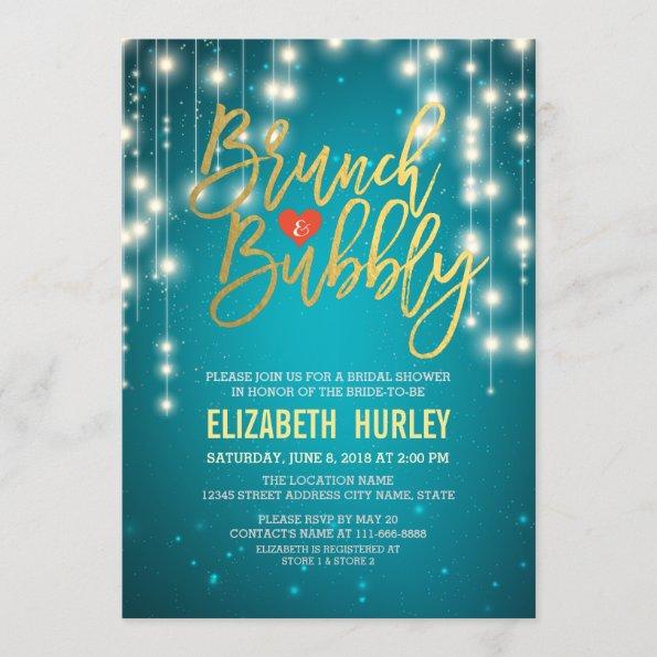 Brunch Bubbly Bridal Shower Gold Script Turquoise Invitations