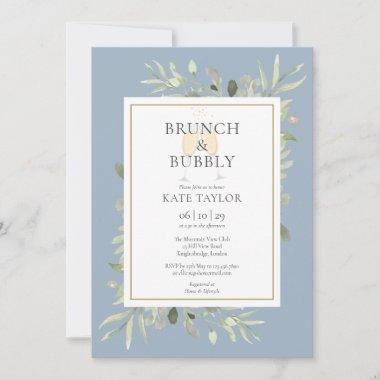 Brunch Bubbly Bridal Shower Greenery Dusty Blue Invitations