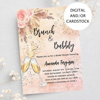 Brunch Bubbly Bridal Shower rose pampas grass Invitations