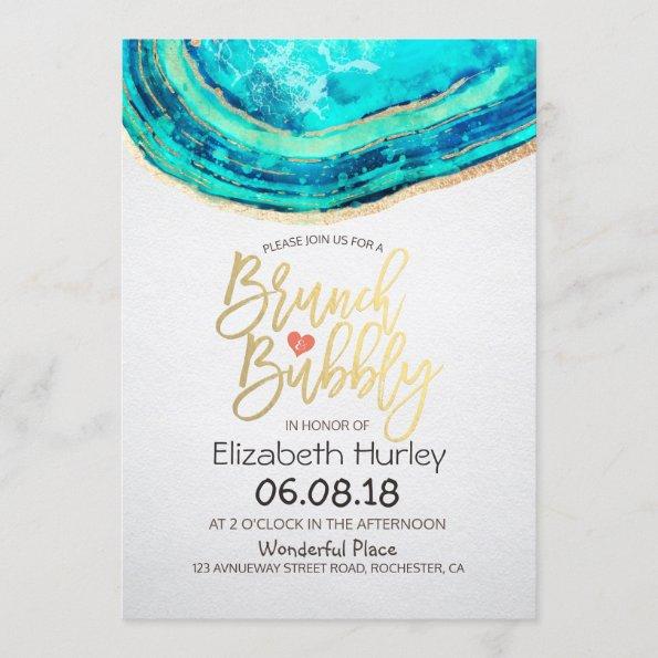 Brunch Bubbly Bridal Shower Teal Gold Agate Geode Invitations