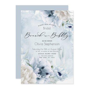 Brunch Bubbly Bridal Shower Watercolor Blue Flower Invitations