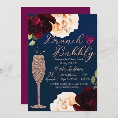 Brunch & Bubbly Champagne Dark Blue Bridal Shower Invitations