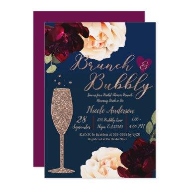 Brunch & Bubbly Champagne Dark Blue Bridal Shower Invitations