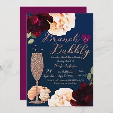 Brunch & Bubbly Champagne Dark Blue Bridal Shower Invitations