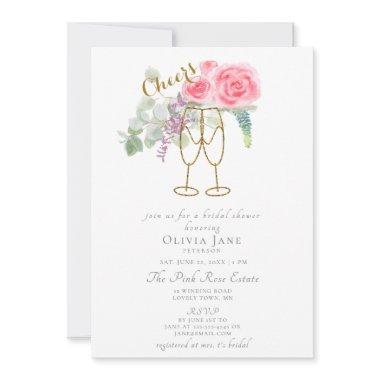 Brunch Bubbly Cheers Pink Gold Roses Bridal Shower Invitations