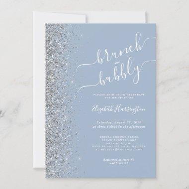 Brunch & Bubbly Dusty Blue Silver Bridal Shower Invitations