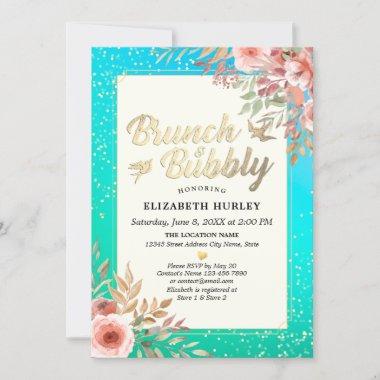 Brunch & Bubbly Floral Bridal Shower Teal Gold Dot Invitations