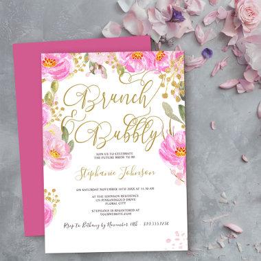 Brunch & Bubbly Floral Pink and Gold Bridal Shower Invitations