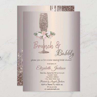 Brunch & Bubbly Flowers Rose Gold Bridal Shower Invitations