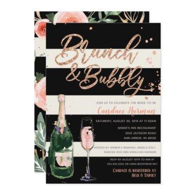 Brunch & Bubbly Glitter Black Stripe Bridal Shower Invitations