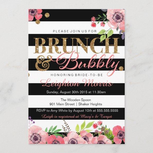 Brunch & Bubbly Glitter Black White Bridal Shower Invitations