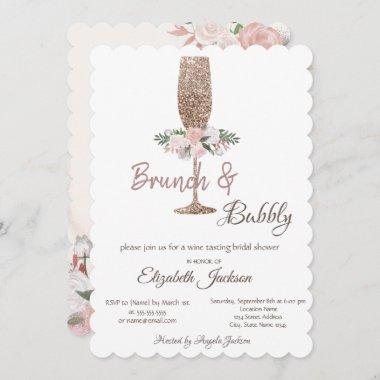 Brunch & Bubbly Glitter Wine Glass Bridal Shower  Invitations
