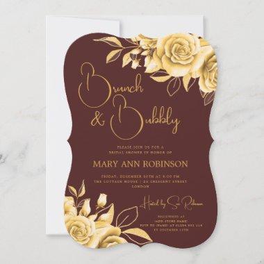 BRUNCH & BUBBLY Gold Floral Bridal Shower Burgundy Invitations