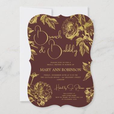 BRUNCH BUBBLY Gold Floral Bridal Shower Burgundy Invitations