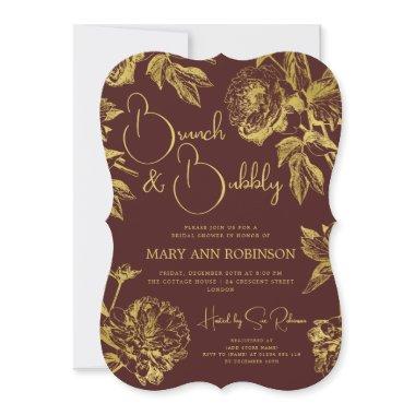 BRUNCH BUBBLY Gold Floral Bridal Shower Burgundy Invitations