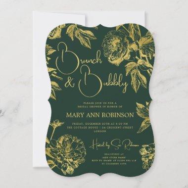 BRUNCH & BUBBLY Gold Floral Bridal Shower Emerald Invitations